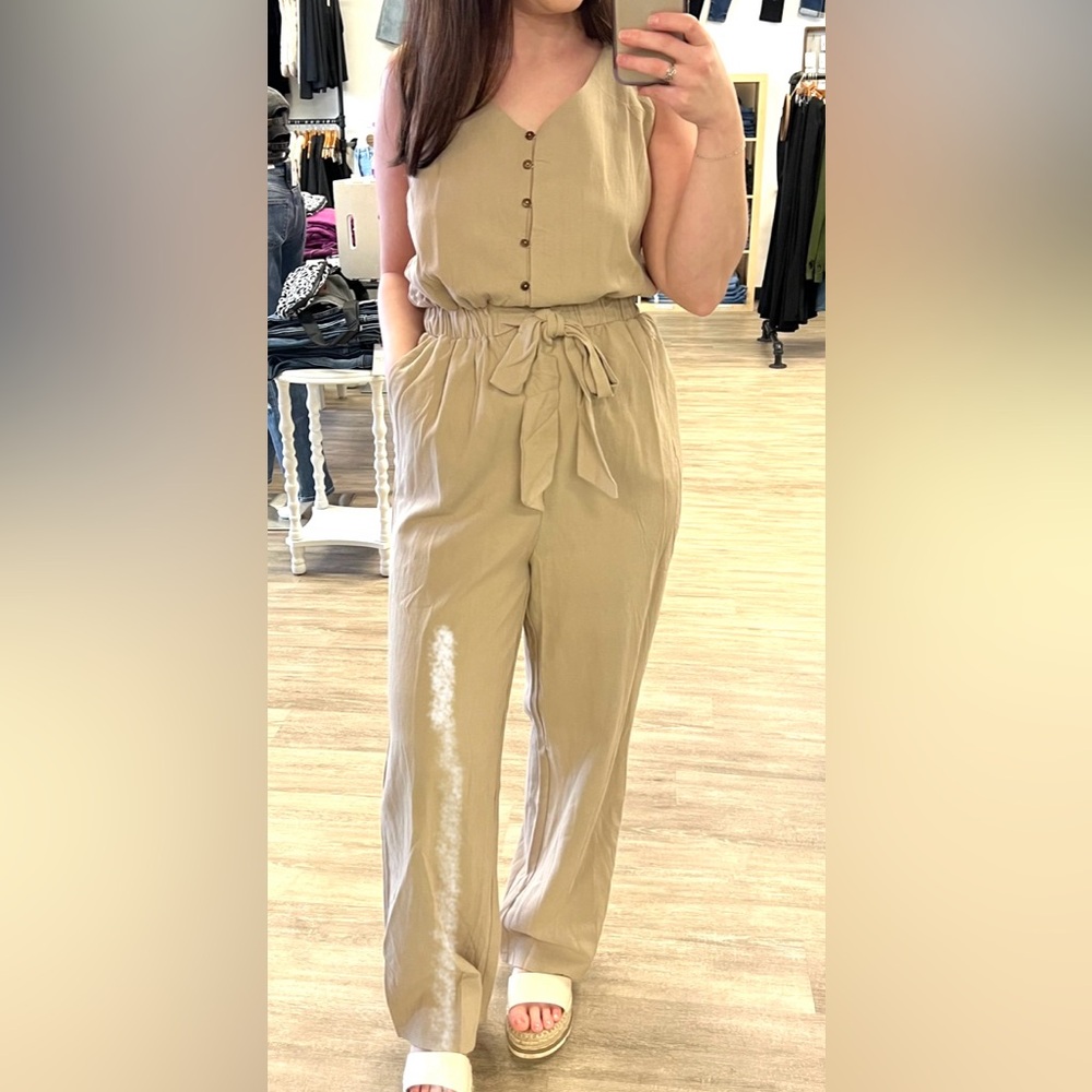 Easel Tan Jumpsuit with Tie-Waist and Relaxed Fit - Picture 10 of 10